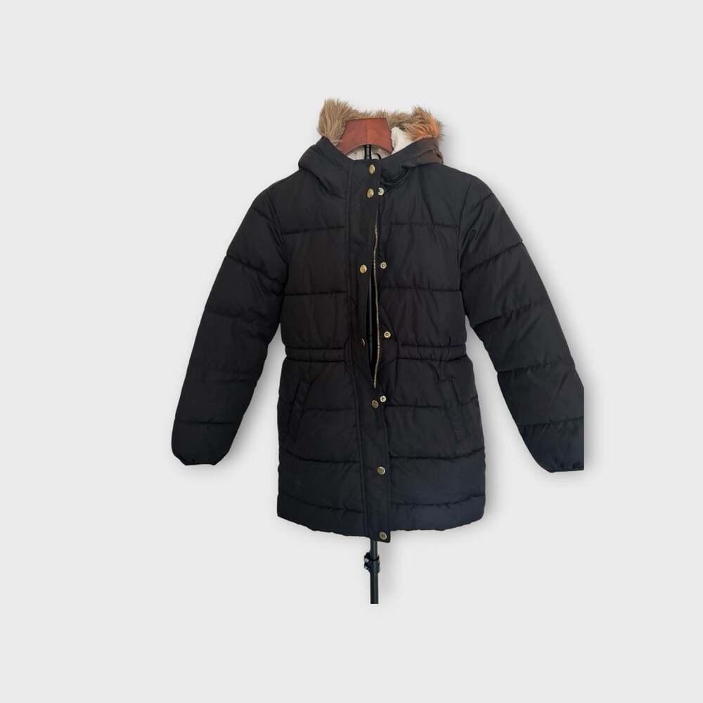 Old Navy Girls Black Hooded Puffer Coat with Faux Fur Trim Size L 10-12